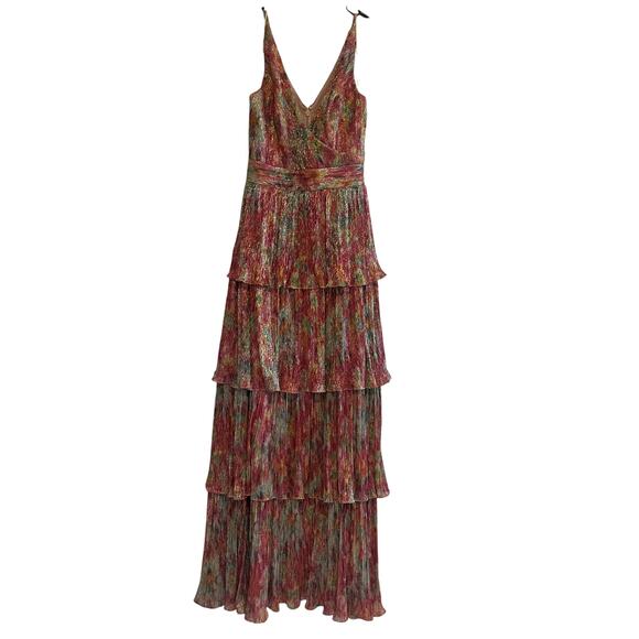 Dress the Population Lorain Abstract Print Metallic Tiered Gown Maxi Dress Sz S - Picture 2 of 7